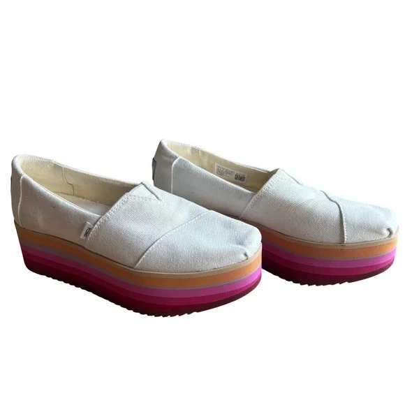 TOMS Alpargata Platform Espadrille Shoes White Canvas Rainbow Wedge Sole Size 5‎ - Picture 2 of 8